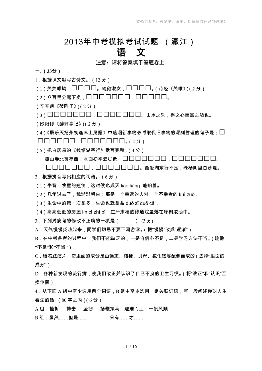 2013年中考模拟考试试题语文(濠江区)_第1页