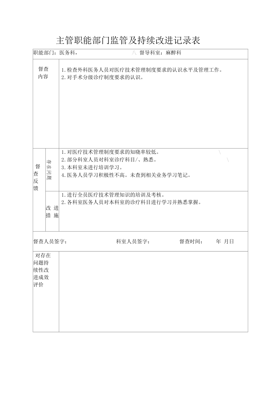 医院职能部门监管麻醉及持续改进记录表_第1页