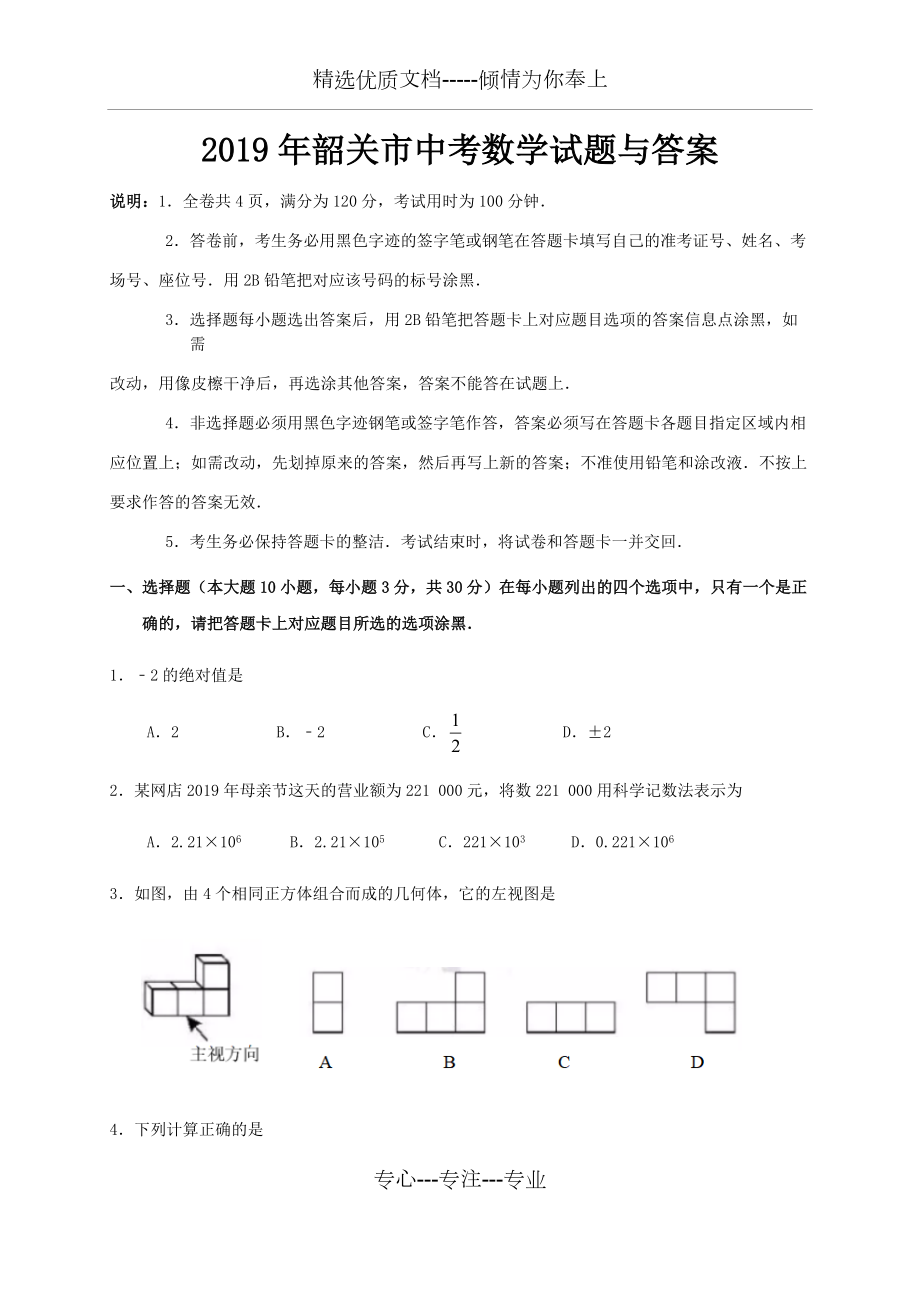 2019年韶关市中考数学试题与答案(共17页)_第1页