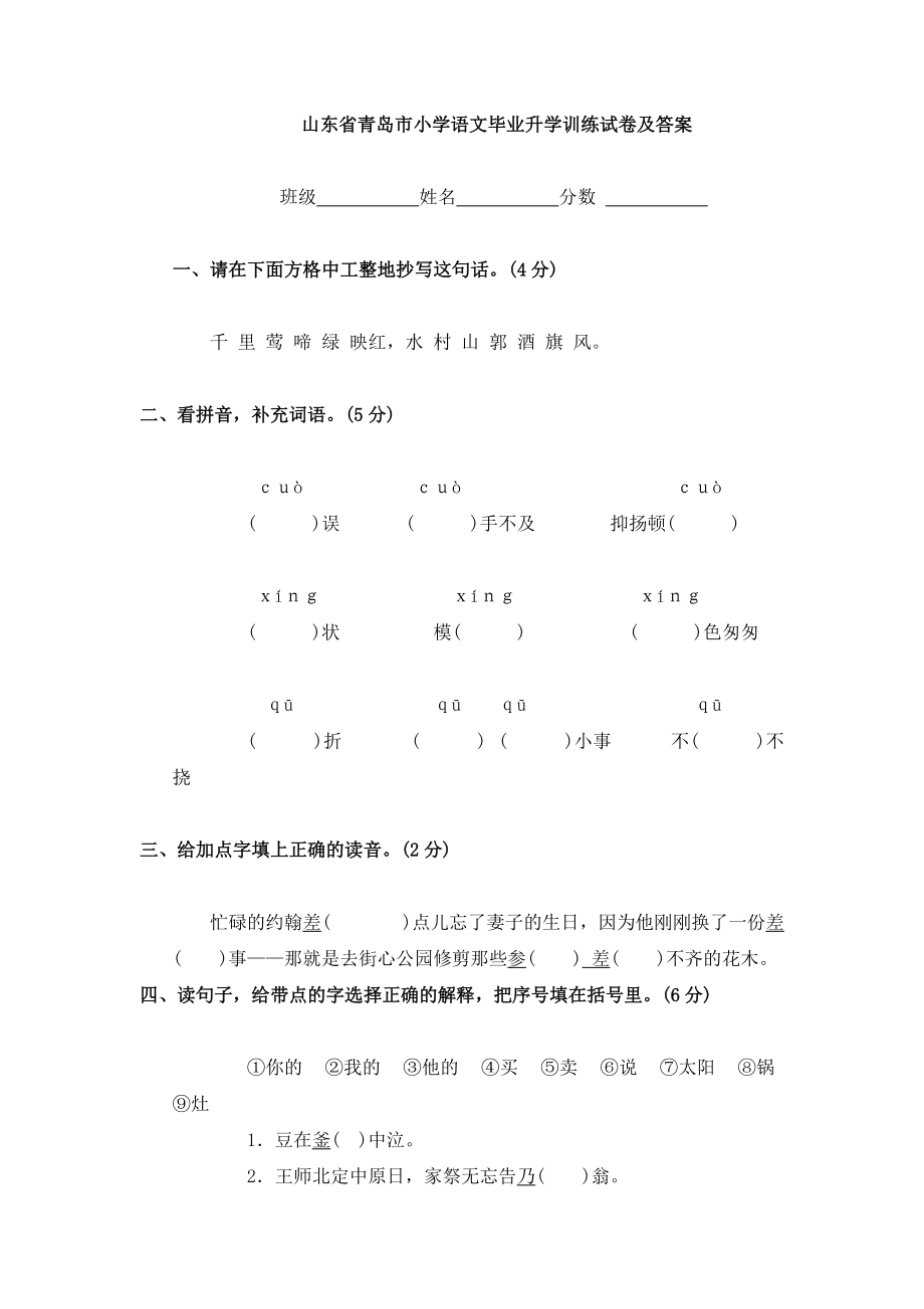 山东省青岛市小学语文毕业升学训练试卷及答案_第1页