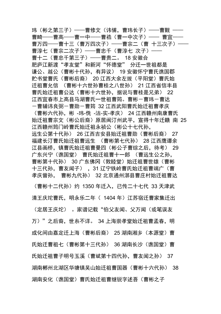 宋代曹彬后裔现存各支概览