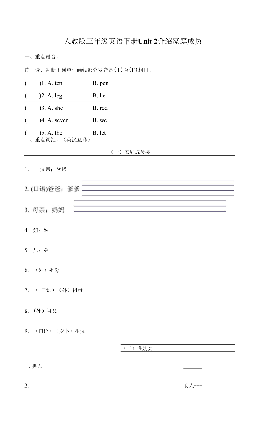 人教版三年級英語下冊Unit 2 介紹家庭成員附答案_第1頁