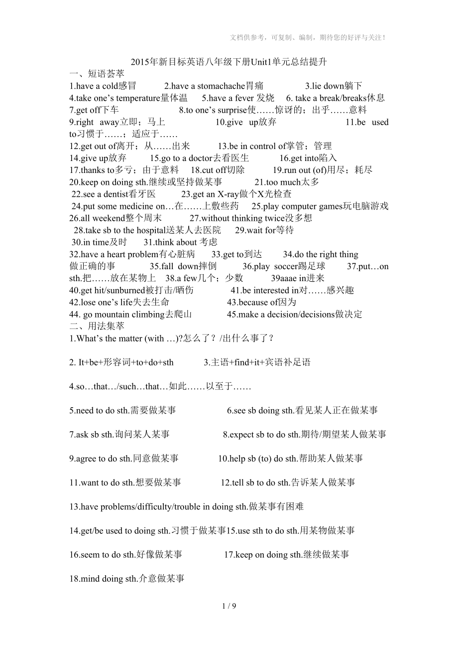 2015年新目标英语八年级下册Unit1单元总结提升_第1页