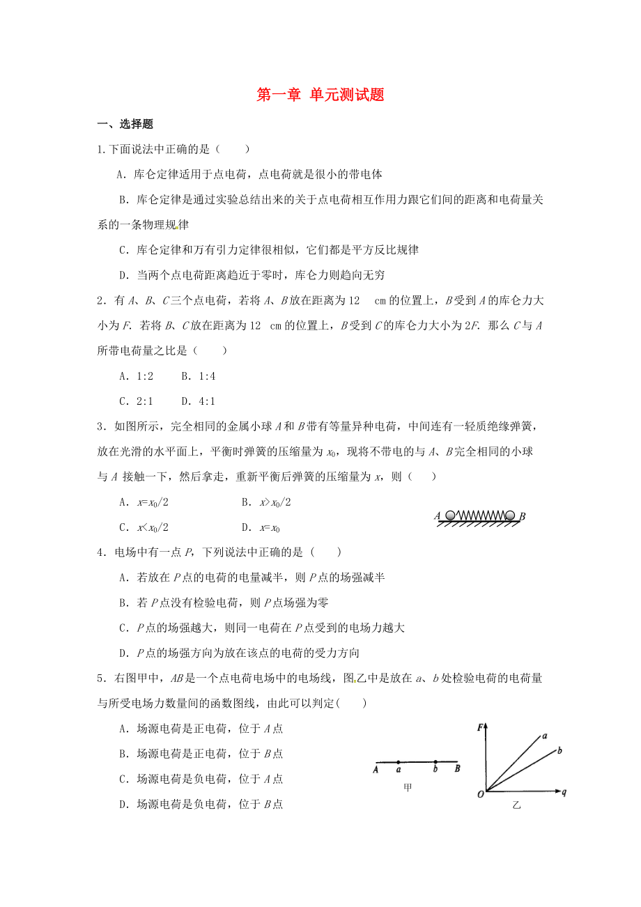 2015年高中物理 第一章 静电场单元测试题 新人教版选修31_第1页