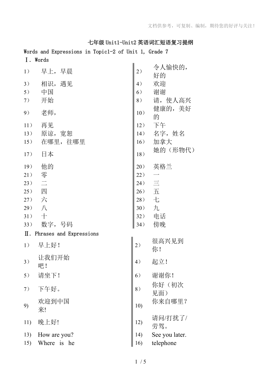 七年级Unit1-Unit2英语词汇短语复习提纲_第1页