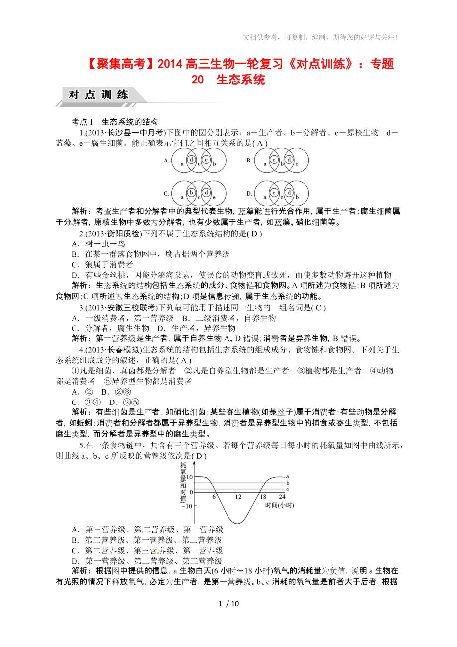 2014高三生物一輪復(fù)習(xí)《對(duì)點(diǎn)訓(xùn)練》：專題20生態(tài)系統(tǒng)_第1頁