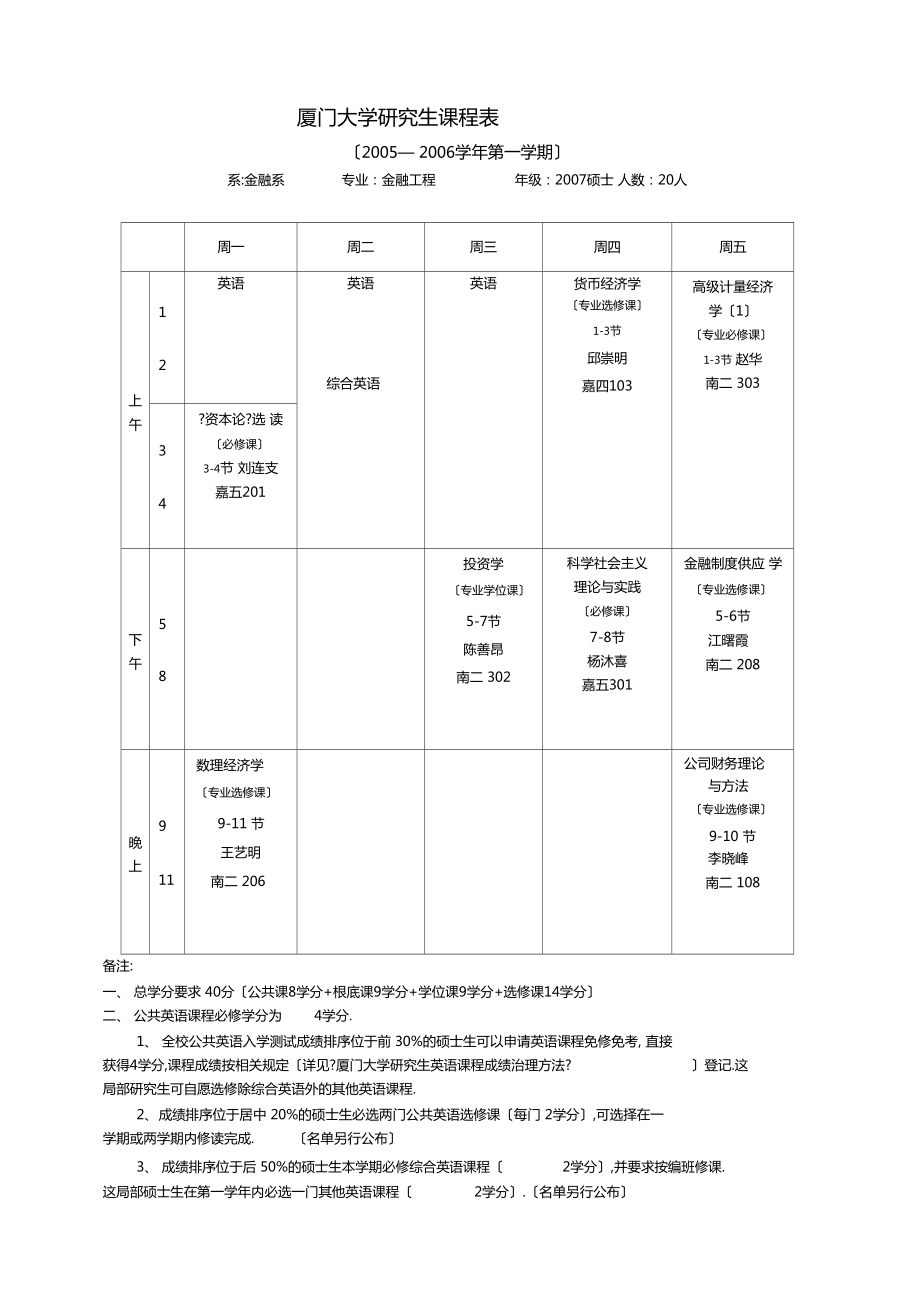 厦门大学研究生课程表