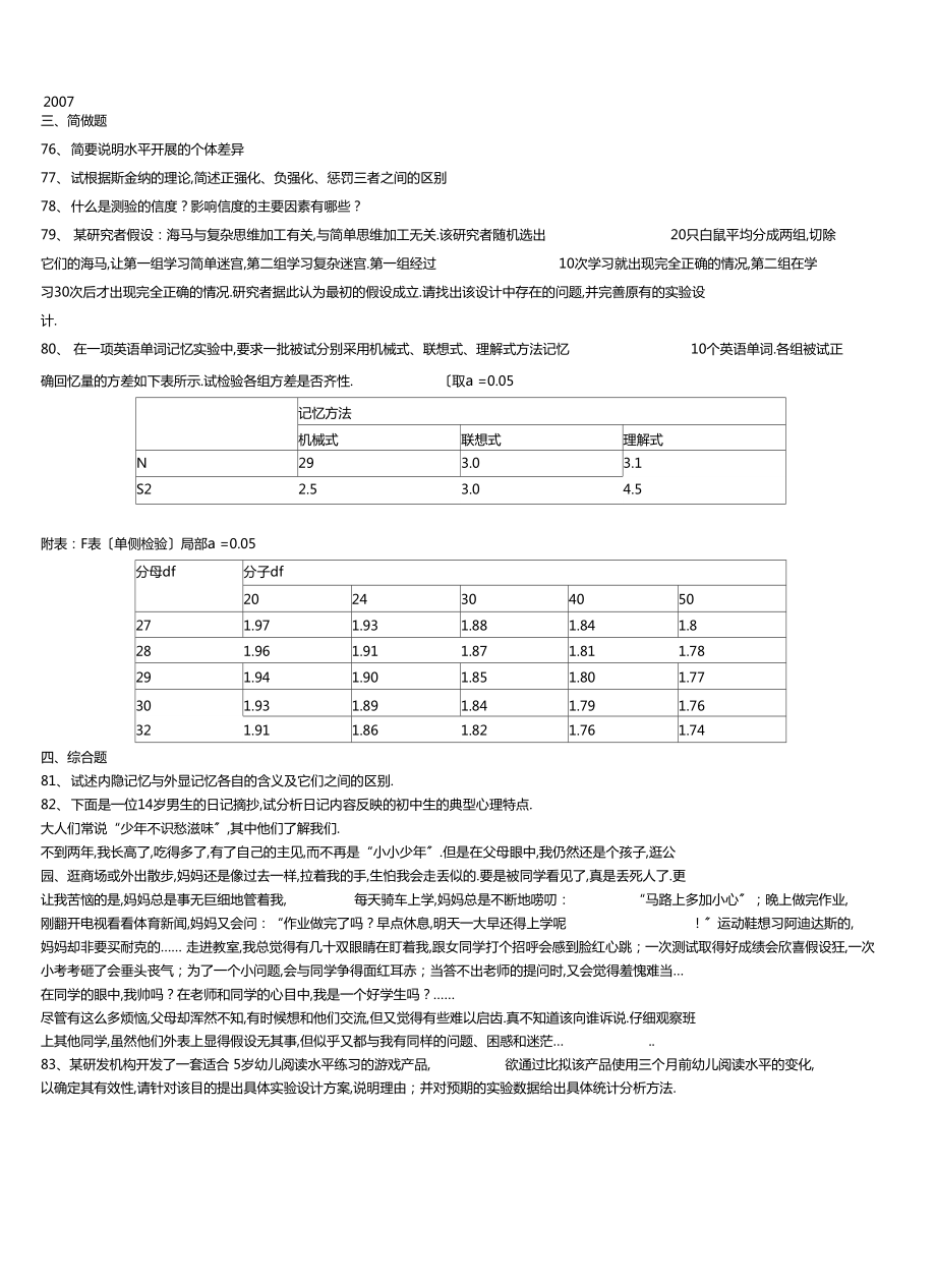 心理學(xué)基礎(chǔ)綜合歷年考研真題大題匯總2007~年13資料_第1頁(yè)