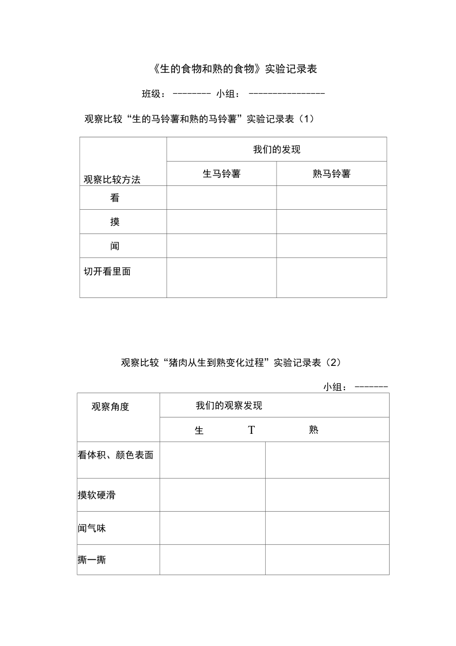 《生的食物和熟的食物》實驗記錄表_第1頁