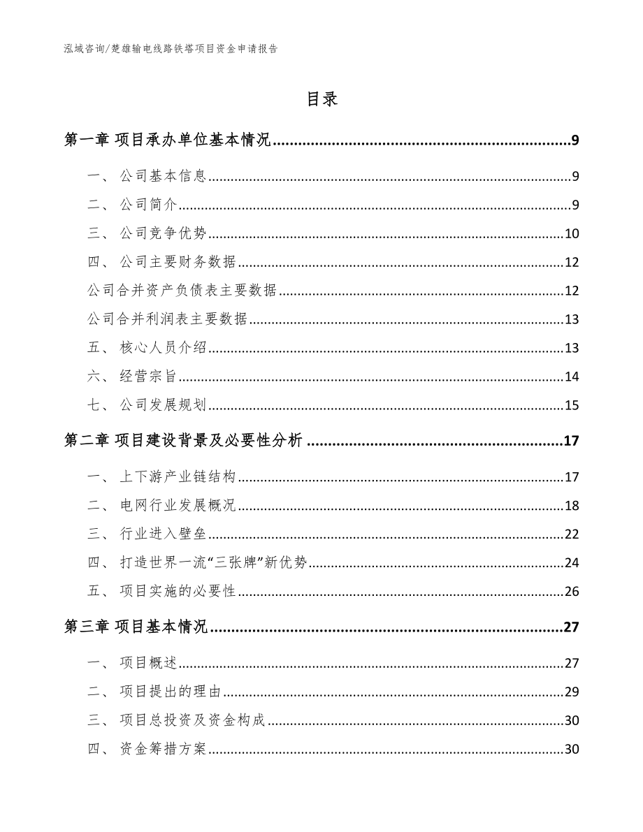 楚雄输电线路铁塔项目资金申请报告【模板参考】_第1页