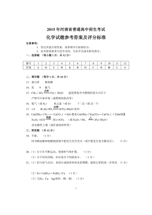 2015年河南省普通高中招生考试化学参考答案及评分标准