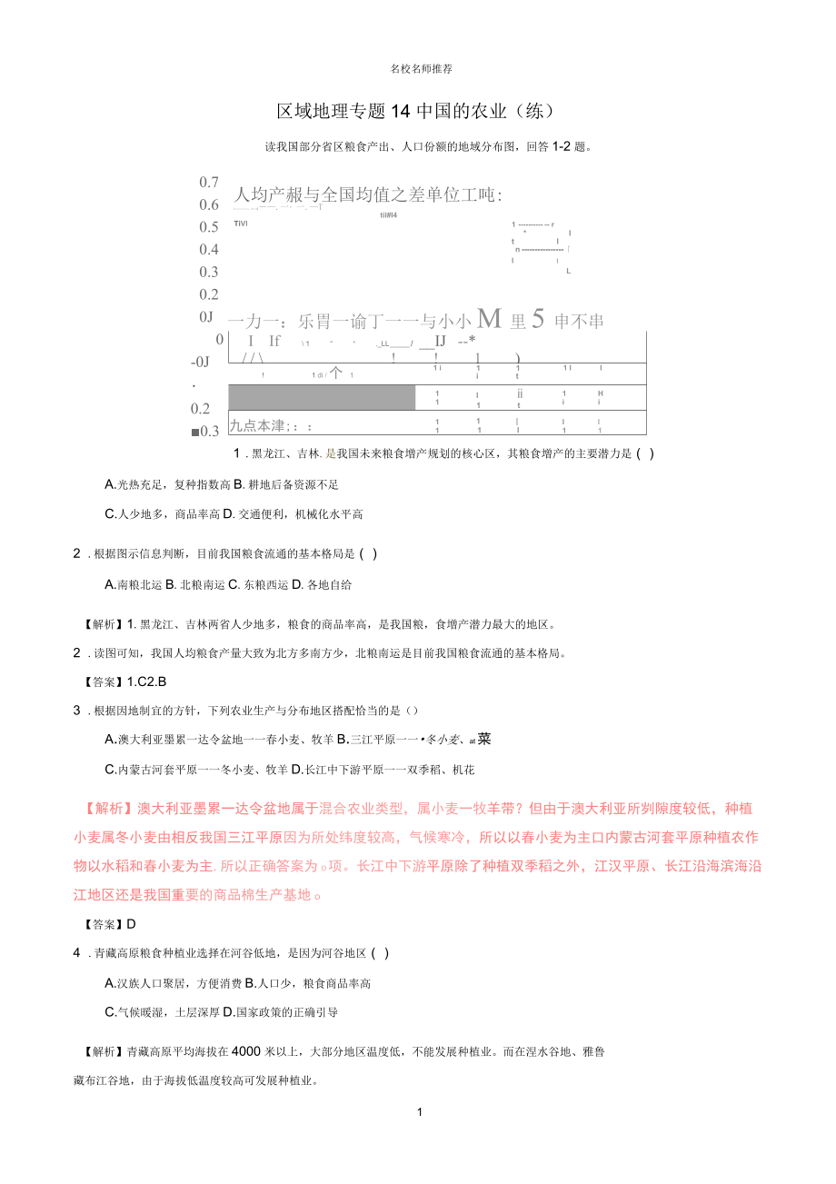 高中地理区域地理专题14中国的农业练提升版含解析新人教版_第1页