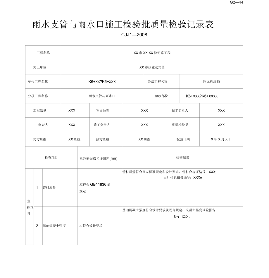 雨水支管与雨水口施工检验批质量检验记录表_第1页