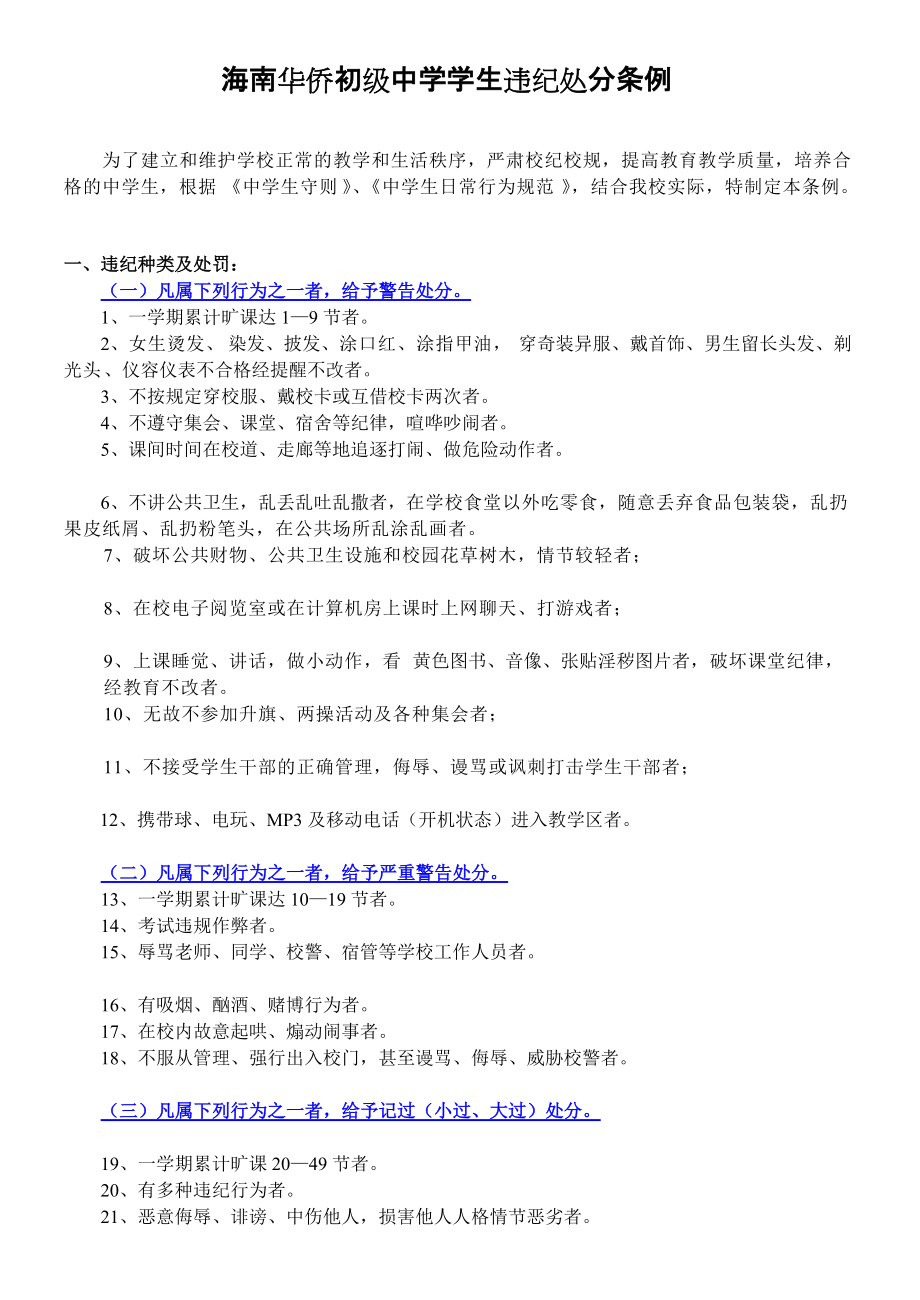 海南华侨初级中学学生违纪处分条例_第1页