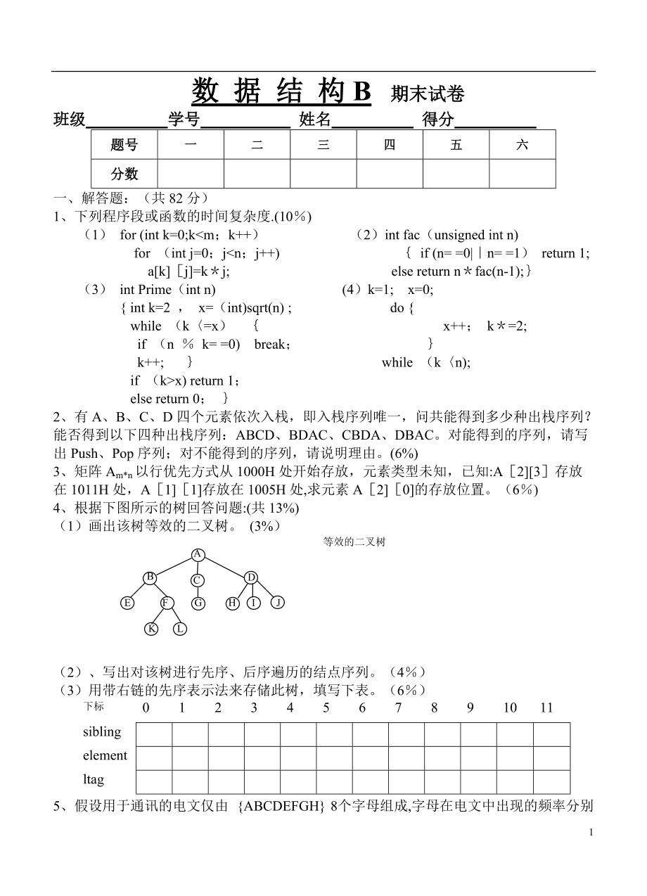 南邮数据结构B期末试卷_第1页