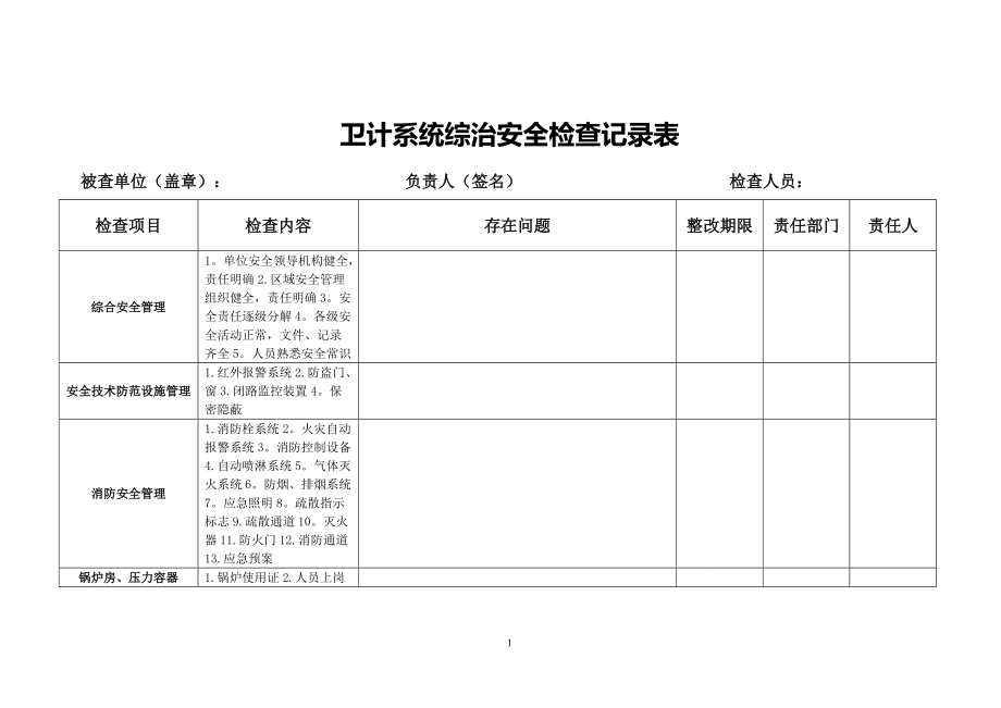 卫生系统综治安全隐患排查记录表_第1页