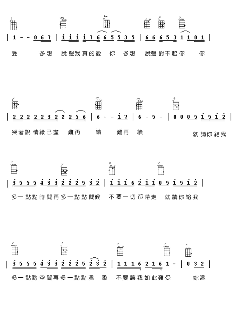 讓我歡喜讓我憂原版尤克里裡譜ukulele譜四線譜兒童簡單版帶指法歌詞