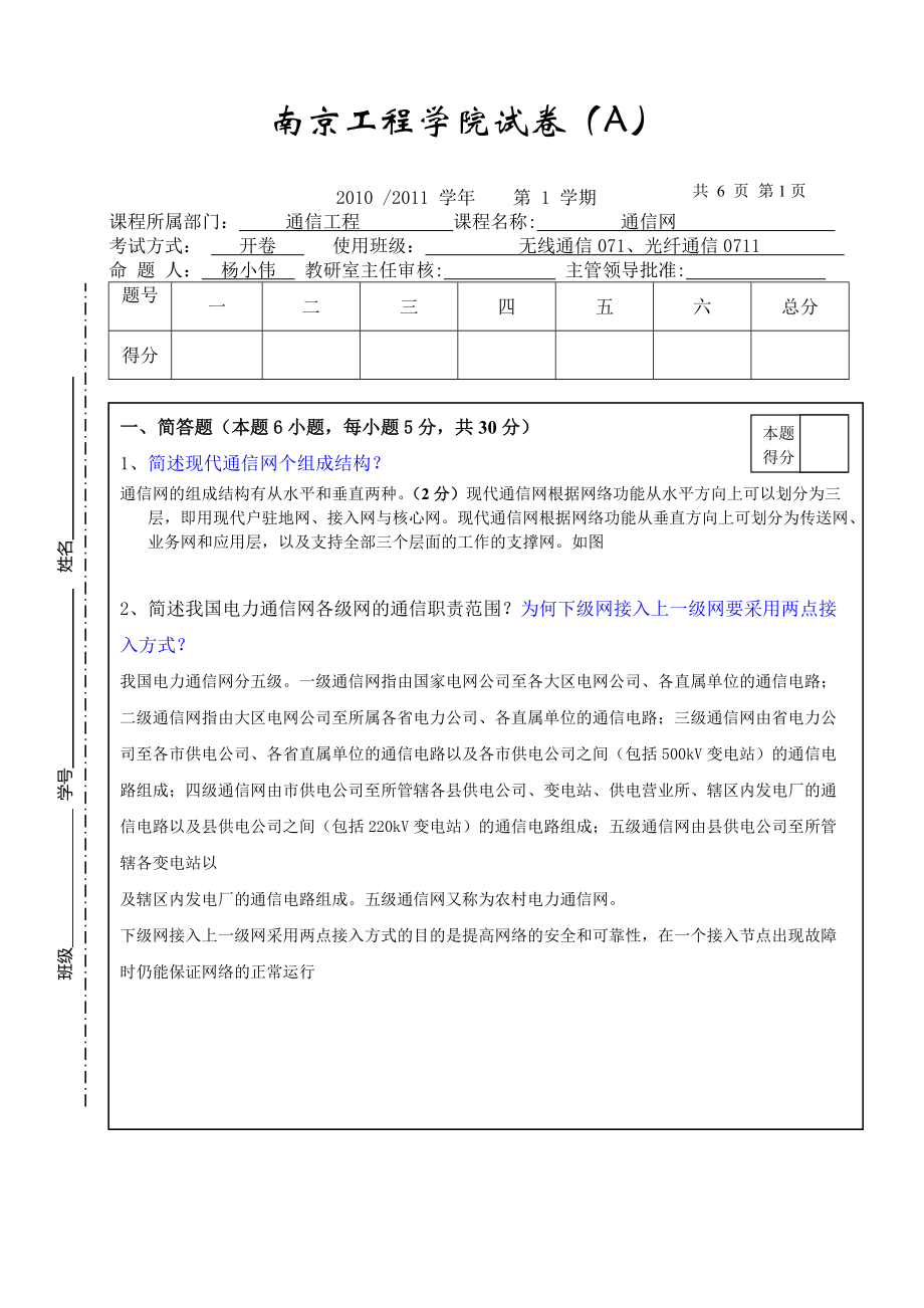 南京工程学院071电力系统通信网试卷A_第1页