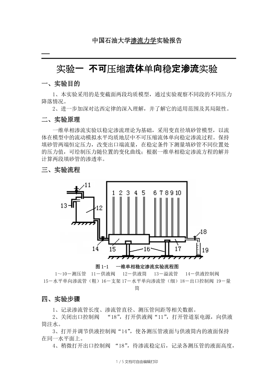 石油大学渗流力学实验报告单向渗流模拟实验_第1页