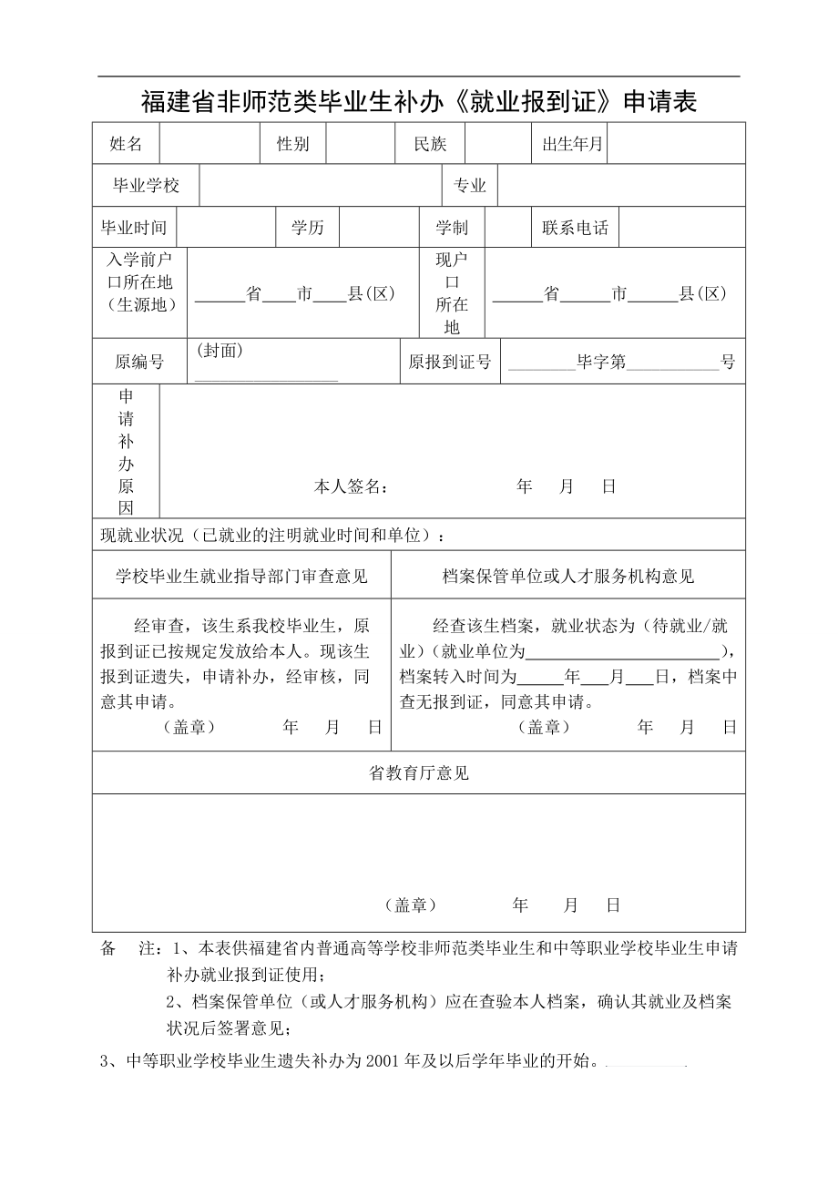 福建省非师范类毕业生补办《就业报到证》申请表_第1页