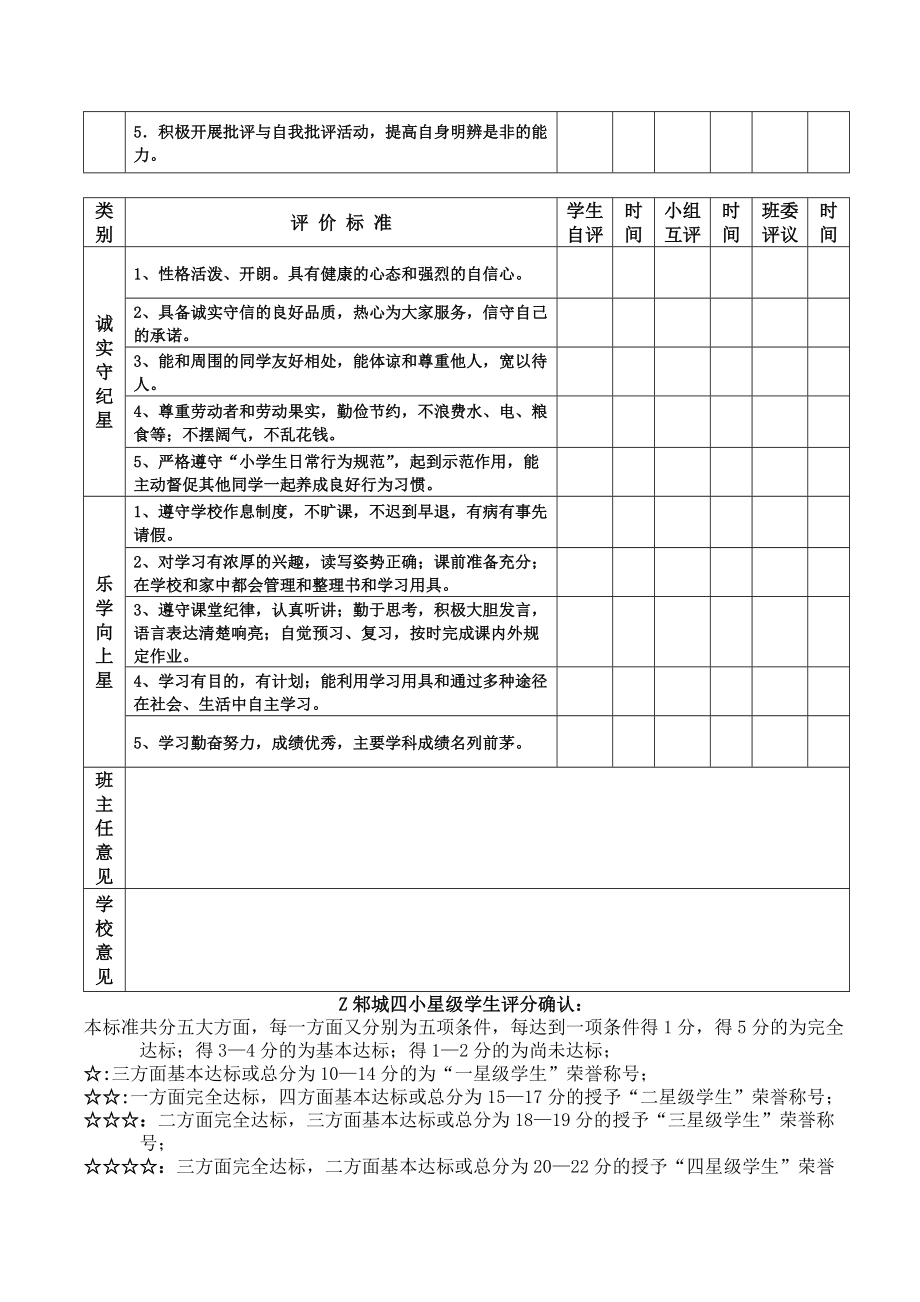 邾城四小班级星级学生评价表