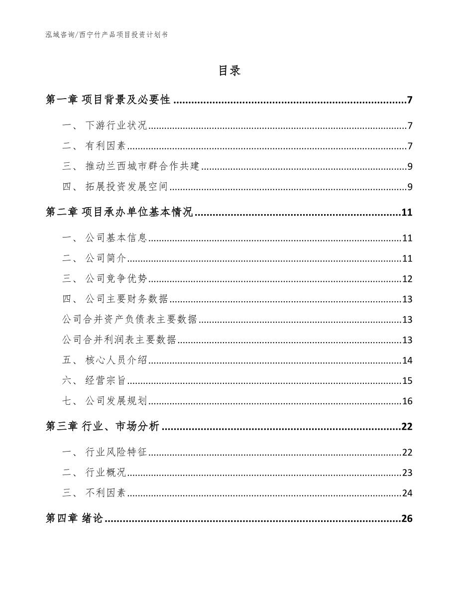 西宁竹产品项目投资计划书（模板参考）_第1页