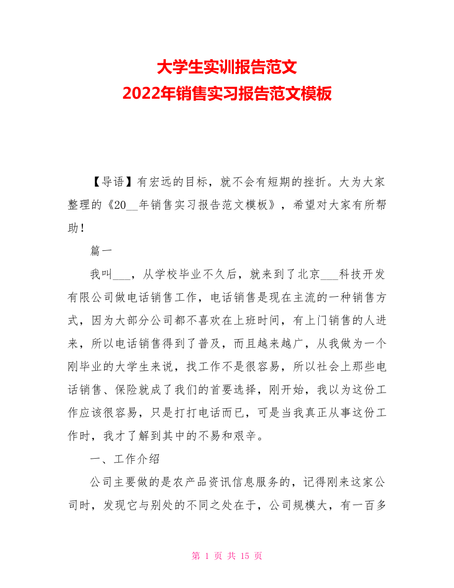 大學(xué)生實訓(xùn)報告范文 2021年銷售實習(xí)報告范文模板_第1頁