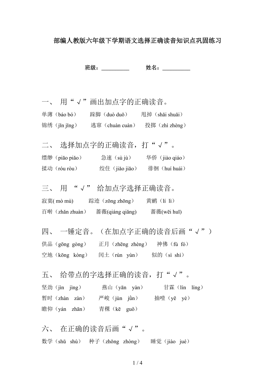 部编人教版六年级下学期语文选择正确读音知识点巩固练习_第1页