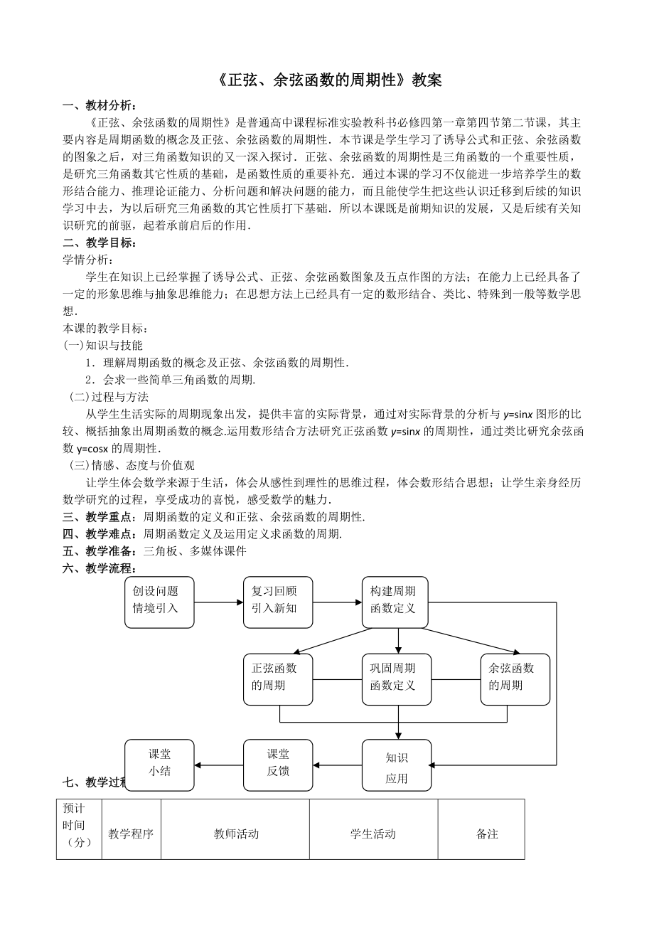 《正弦、余弦函數(shù)的周期性》教案_第1頁