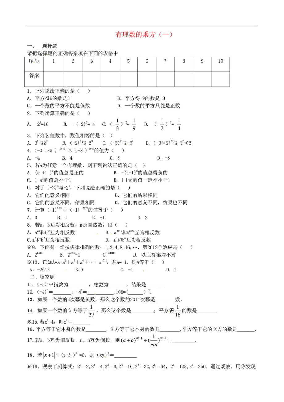 七年級數(shù)學上冊《第一章 有理數(shù)》有理數(shù)的乘方一練習題_第1頁