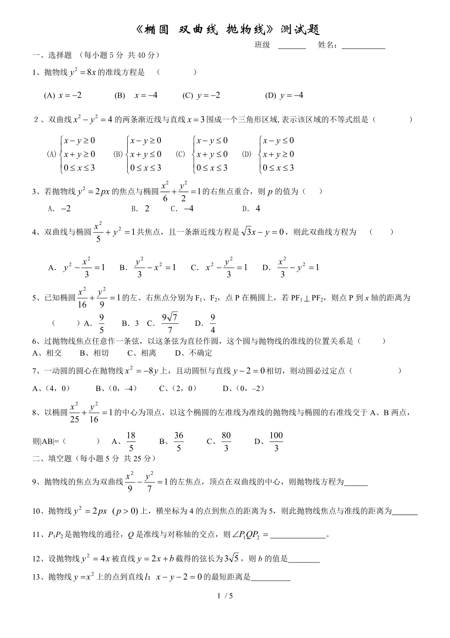 高二《橢圓雙曲線拋物線》測試題_第1頁