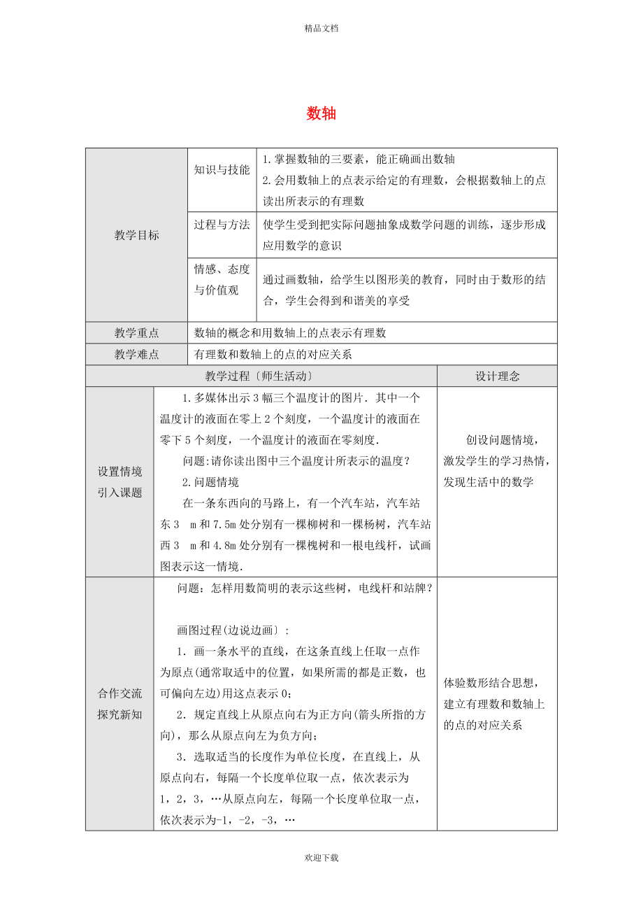 2022秋七年级数学上册 第一章 有理数1.2 数轴教学设计（新版）冀教版_第1页