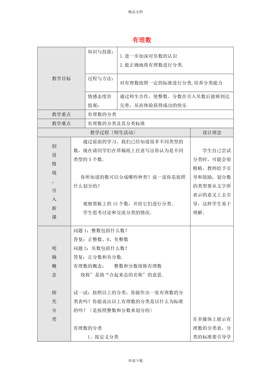 2022秋七年級數(shù)學上冊 第一章 有理數(shù)1.2 有理數(shù) 1有理數(shù)教學設計（新版）新人教版_第1頁