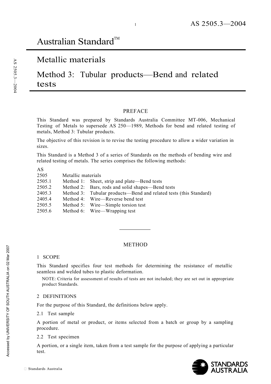 【AS澳大利亚标准】AS 2505-3- Metallic materials Method 3 Tubular products—Bend and related tests_第1页