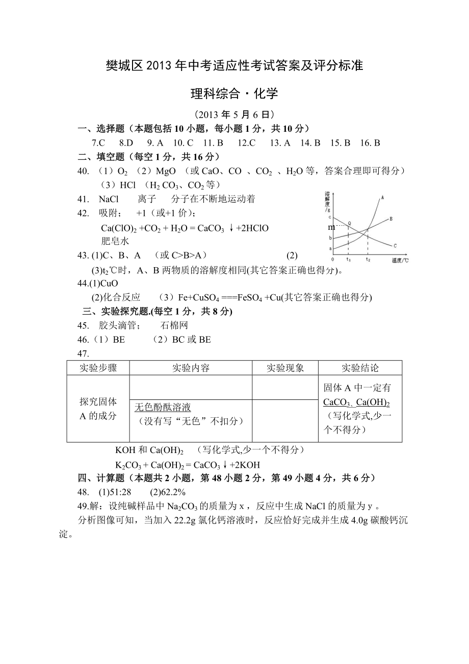 2013樊城区化学适应性考试答案及评分标准（第一套）_第1页