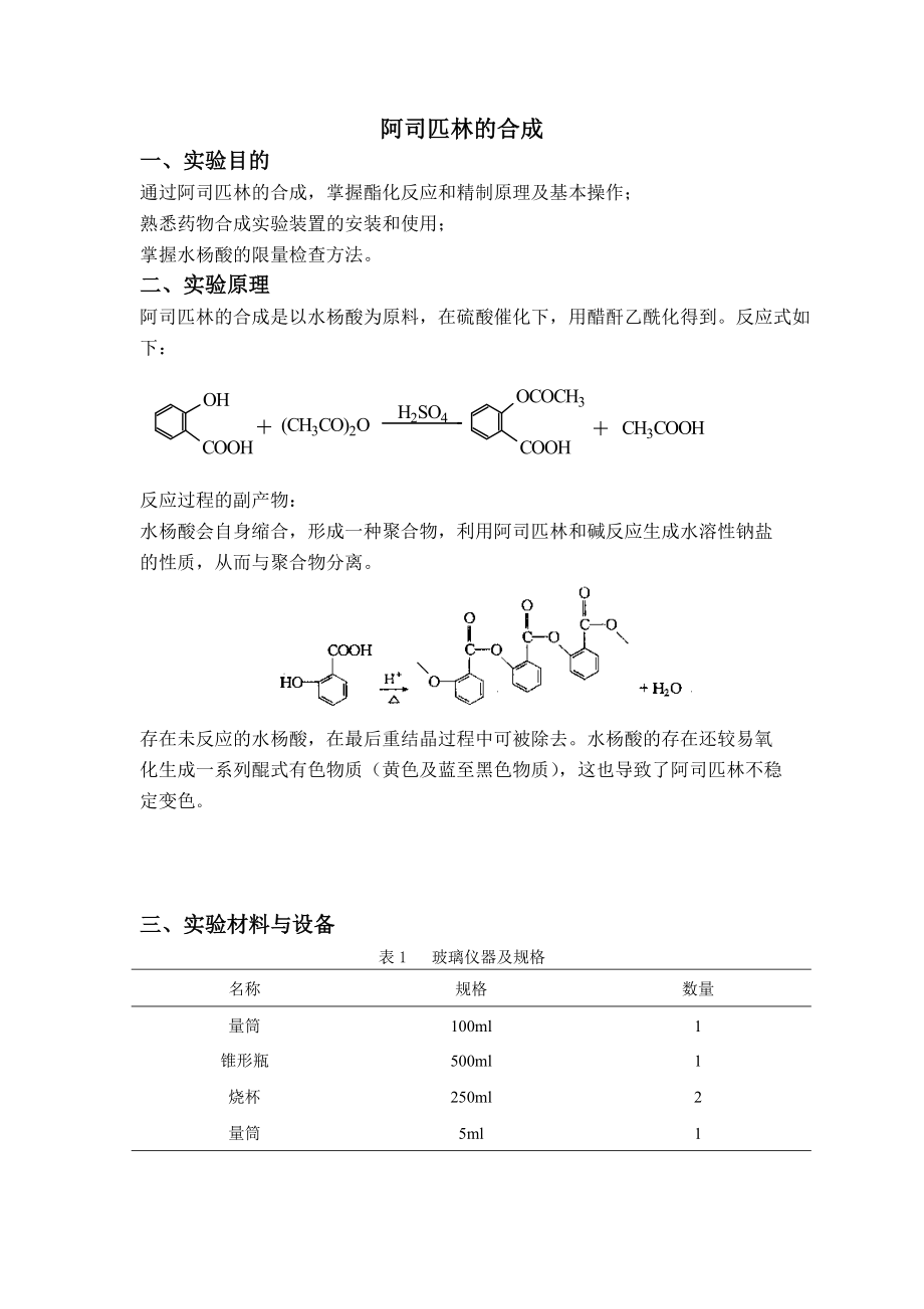 實(shí)驗(yàn)報告 阿司匹林的合成_第1頁