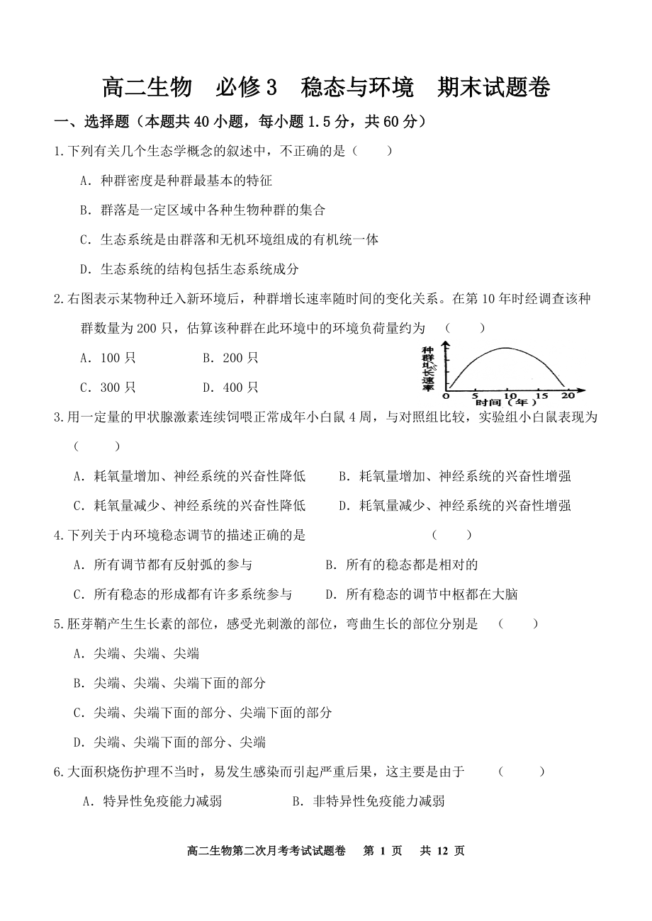 高二生物 人教版必修3 穩(wěn)態(tài)與環(huán)境 期末考試及答案_第1頁