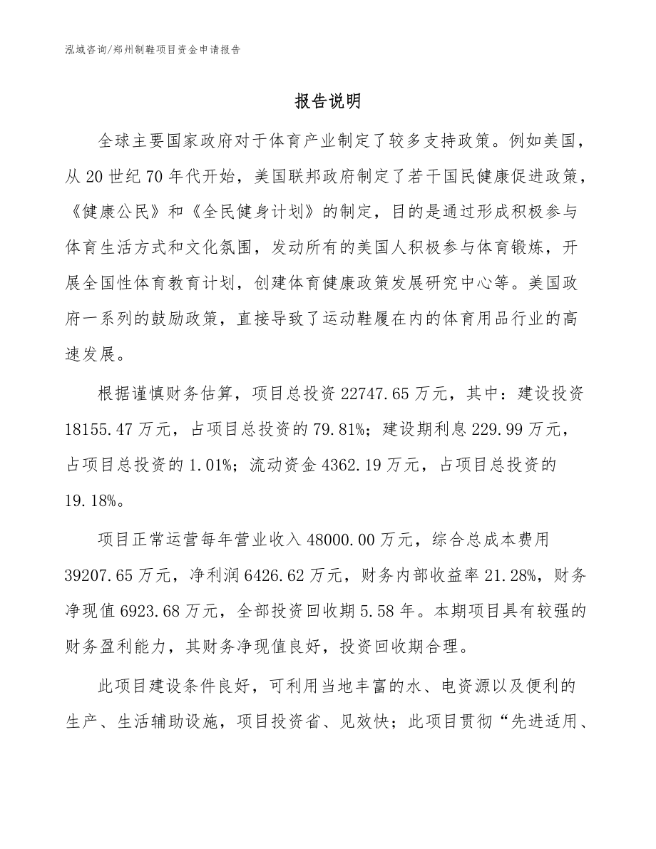 郑州制鞋项目资金申请报告模板_第1页