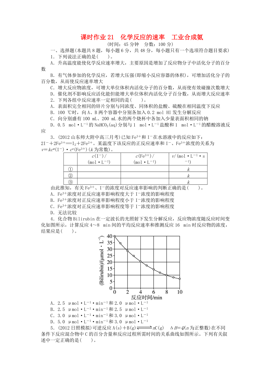 【志鴻優(yōu)化設(shè)計(jì)】2014屆高考化學(xué)一輪復(fù)習(xí) 第七章 化學(xué)反應(yīng)的方向、限度與速率第二節(jié)化學(xué)反應(yīng)的速率工業(yè)合成氨課時(shí)作業(yè) 魯科版_第1頁