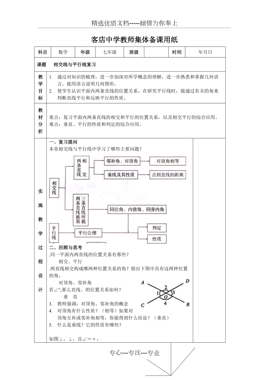 相交線(xiàn)與平行線(xiàn)復(fù)習(xí)教案-人教版優(yōu)教案(共4頁(yè))_第1頁(yè)