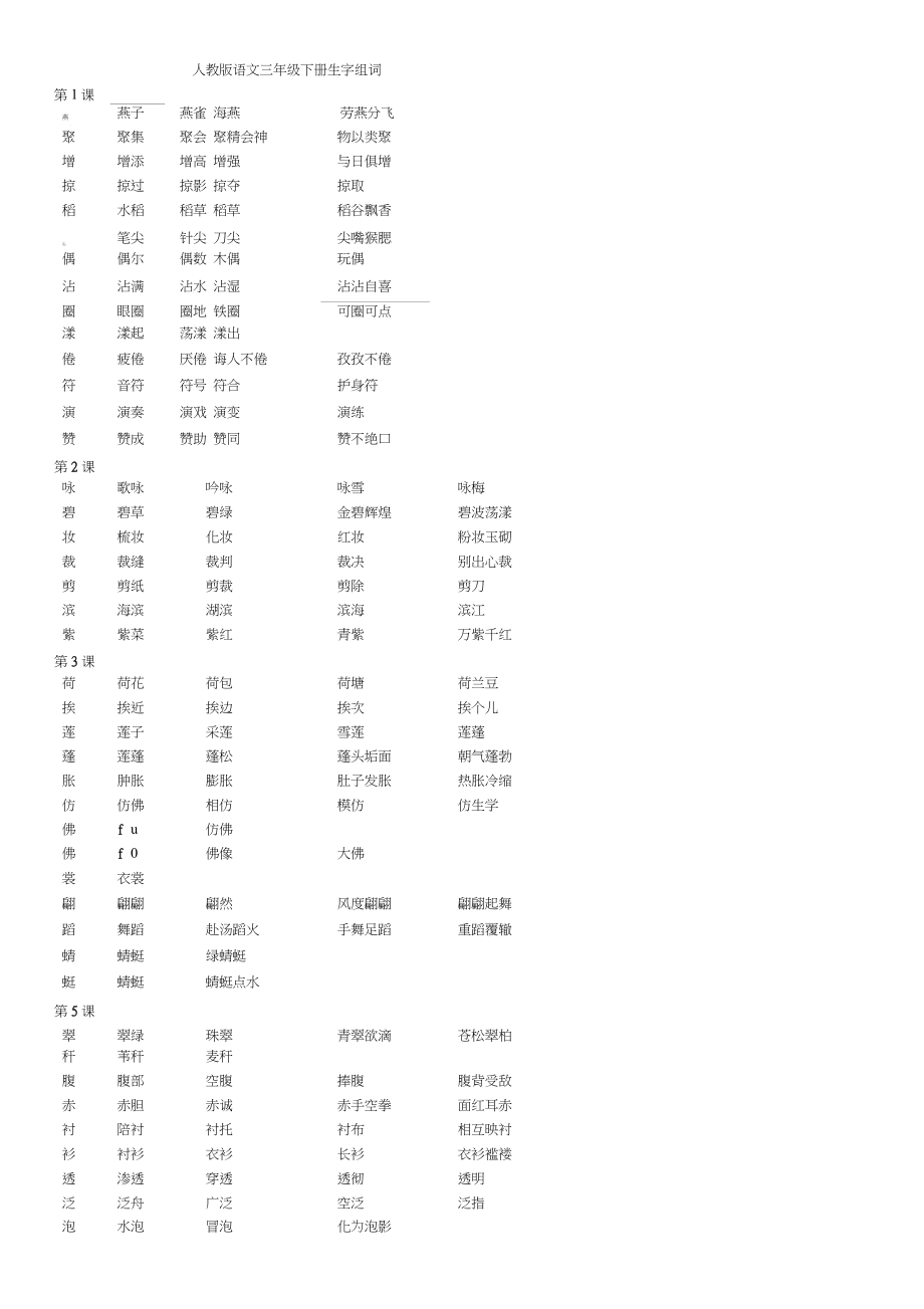 (完整word版)三年级下册语文生字组词_第1页