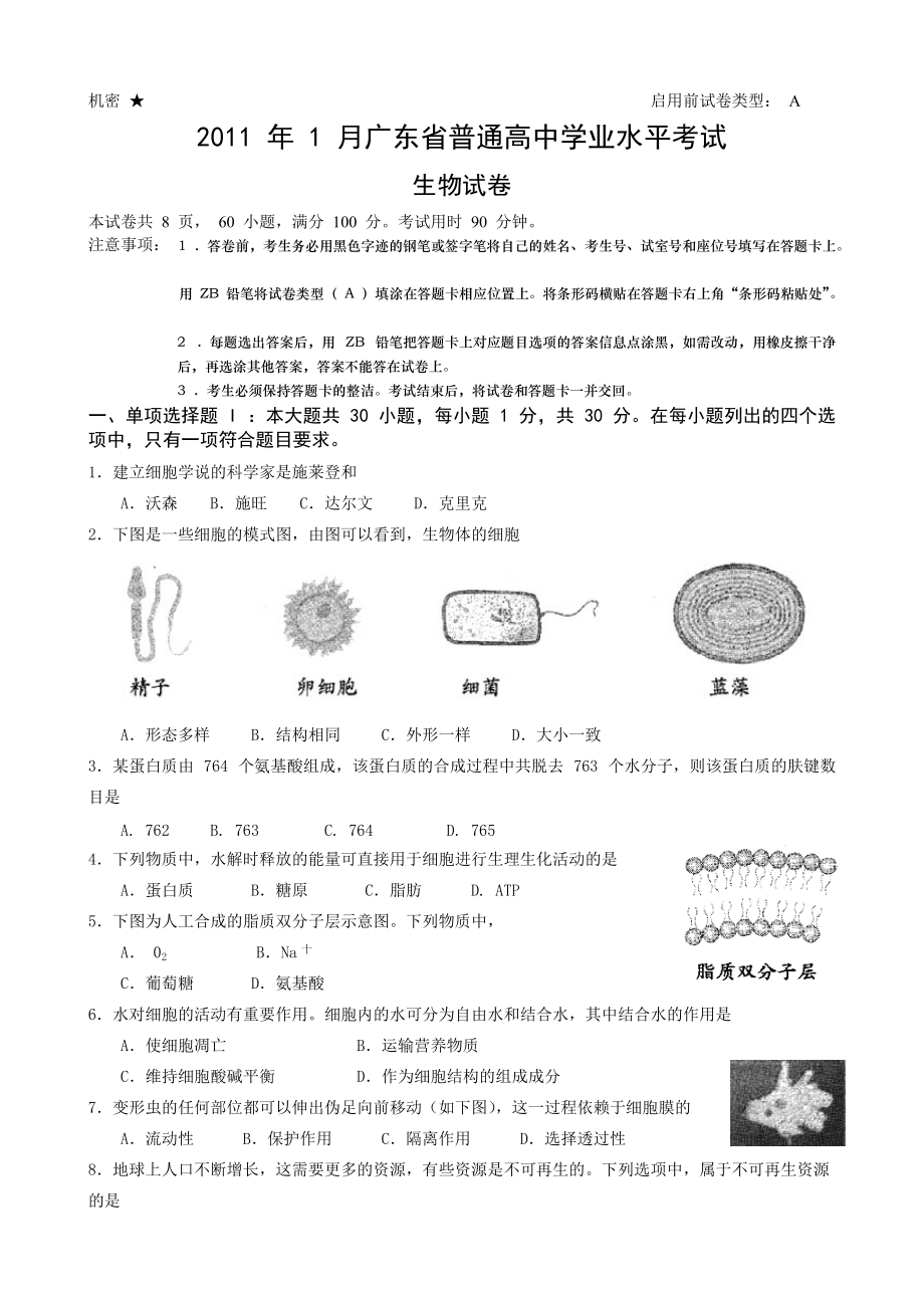 2011年1月广东省普通高中学业水平考试_第1页