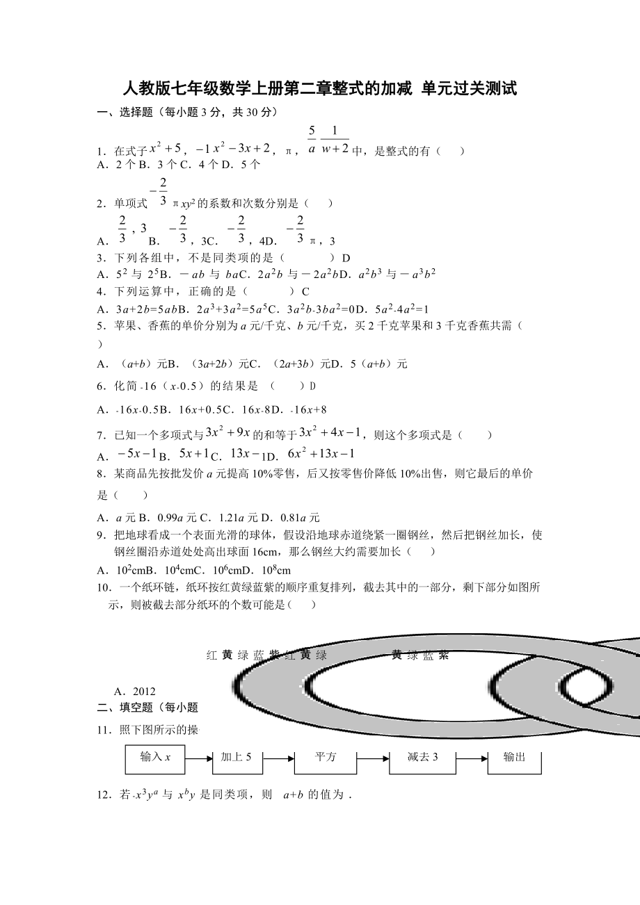 人教版七年級(jí)數(shù)學(xué)上冊(cè) 第二章整式的加減 單元過(guò)關(guān)測(cè)試_第1頁(yè)