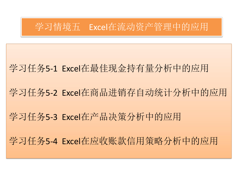 《Excel在財(cái)務(wù)與會(huì)計(jì)中的應(yīng)用》課件：學(xué)習(xí)情境五Excel在流動(dòng)資產(chǎn)管理中的應(yīng)用_第1頁(yè)