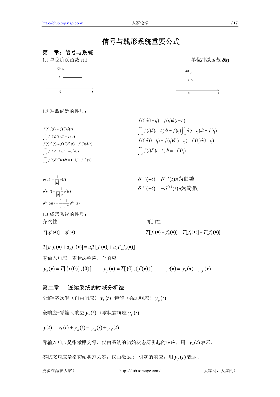 《信號(hào)與線性系統(tǒng)分析》重要公式匯總_第1頁(yè)