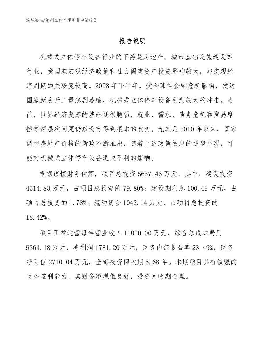沧州立体车库项目申请报告【范文模板】_第1页