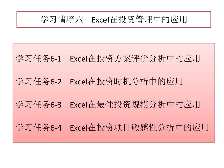 《Excel在財(cái)務(wù)與會(huì)計(jì)中的應(yīng)用》課件：學(xué)習(xí)情境六Excel在投資管理中的應(yīng)用_第1頁(yè)