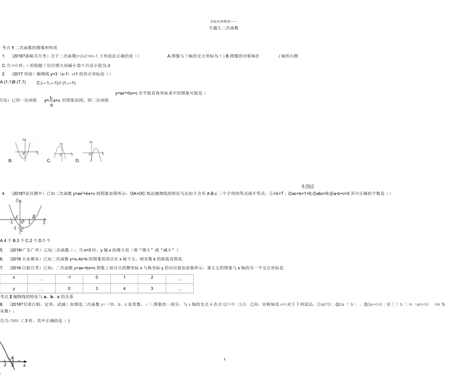 九年级下数学名师专项练习题汇编专题九二次函数_第1页