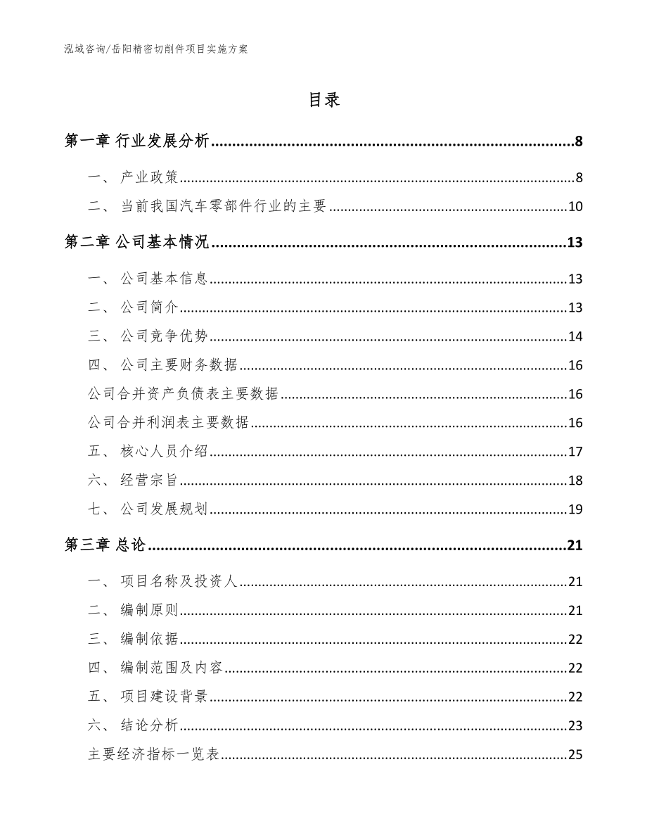 岳阳精密切削件项目实施方案（参考范文）_第1页