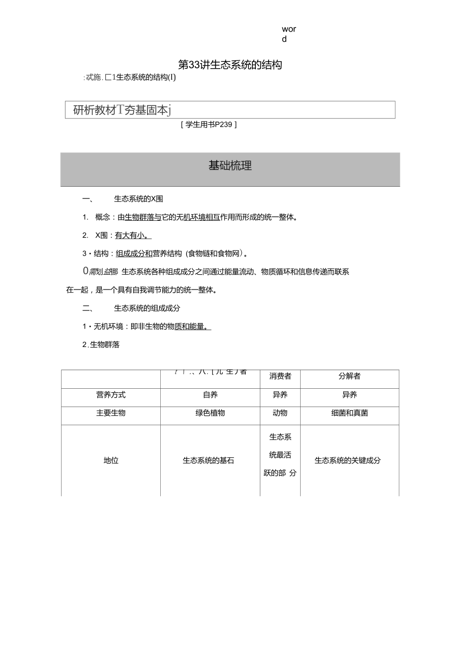 優(yōu)化方案高考生物大一輪復(fù)習(xí)第九單元生物與環(huán)境第33講生態(tài)系統(tǒng)的結(jié)構(gòu)講義-人教版高三全冊(cè)生物教_第1頁(yè)